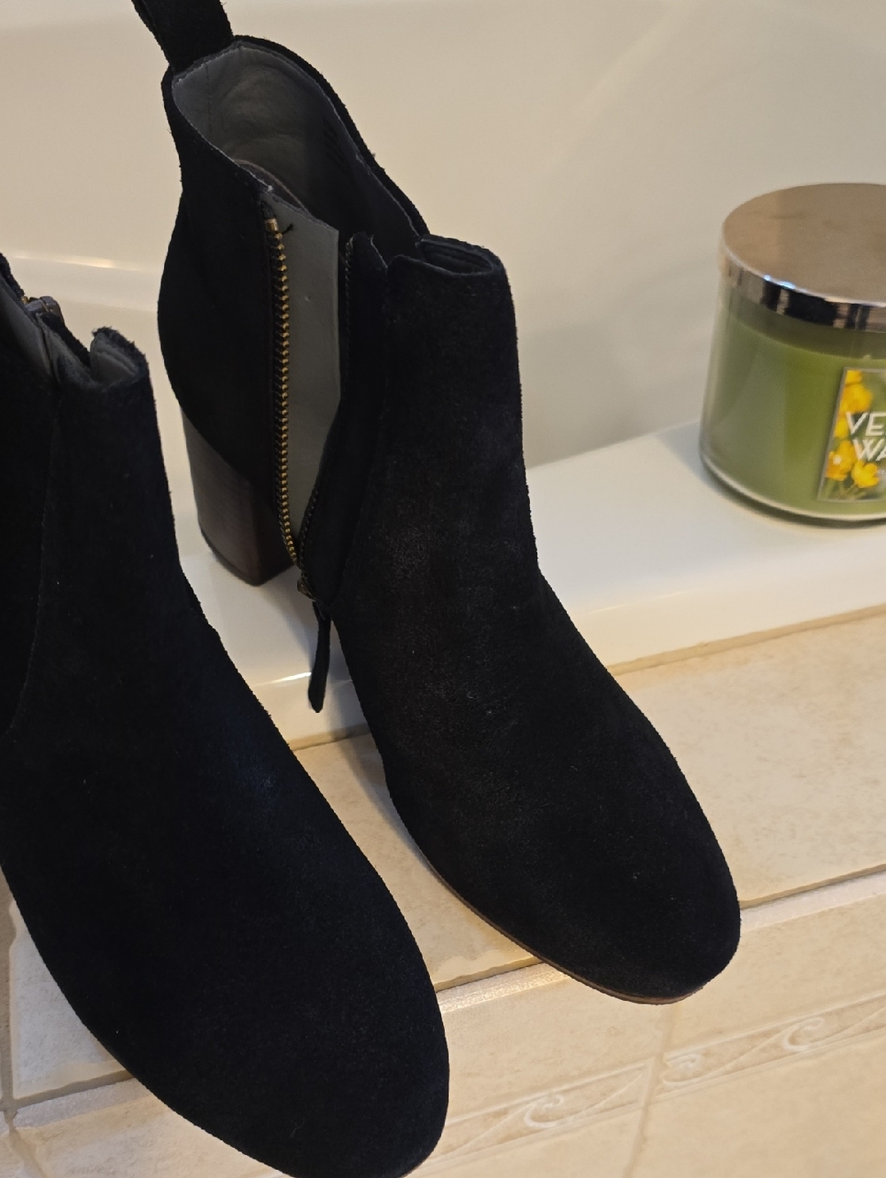 Talbots Black Suede Ankle Booties with Side Zip and Block Heel